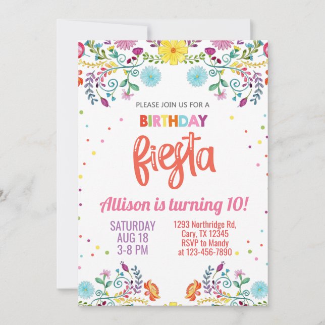 Girl floral Mexican flowers fiesta birthday invite (Front)