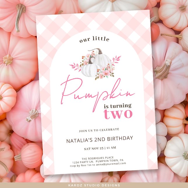 Girl Floral Our Little Pumpkin 2nd Birthday Party Invitation (Invite shown in 5 x 7 inches, choose size, paper, and corner style.
)