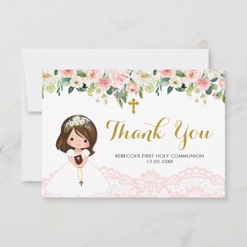 Girl Floral Pink First Communion Thank You Card