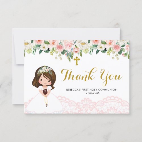 Girl Floral Pink First Communion Thank You Card