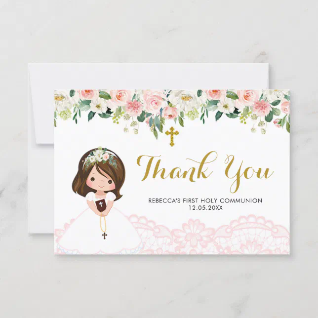 Girl Floral Pink First Communion Thank You Card Zazzle