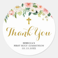Girl Floral Pink First Communion Thank You Sticker