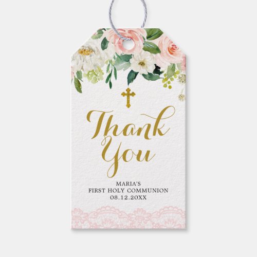 Girl Floral Pink First Communion Thank You Tag