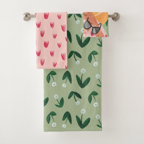 Girl floral sage green  pink all_over print bath towel set