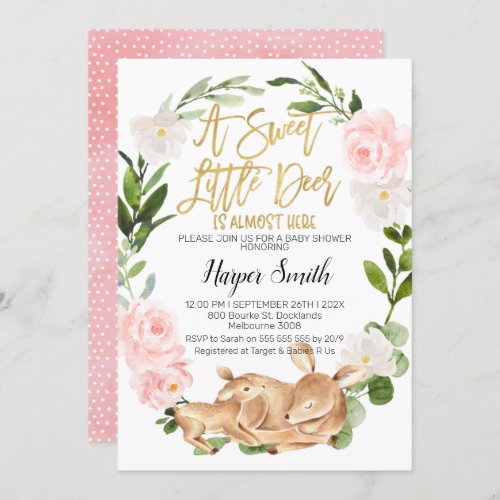 Girl Floral Wreath Deer Baby Shower Invitation