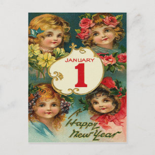 Girl Flowers Jan 1 New Year Holiday Postcard