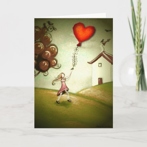 Girl Flying a Heart_Shaped Kite Customizable Holiday Card