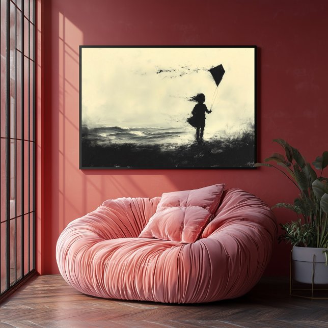 Girl Flying Kite on the Shore at Dusk – Charcoal  Poster (Creator Uploaded)