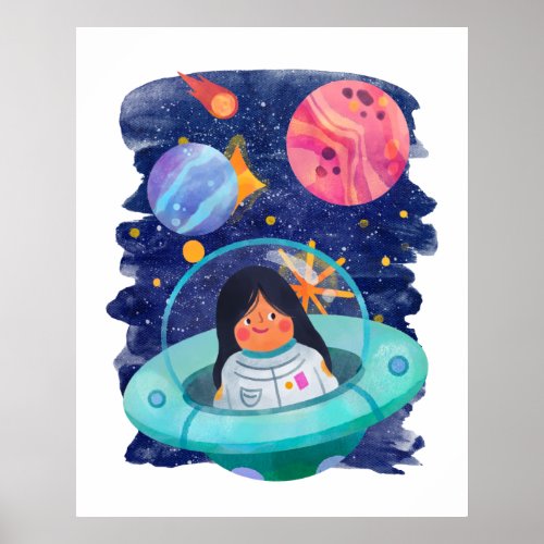 Girl Flying Sauser Astronaut Outer Space Planets  Poster