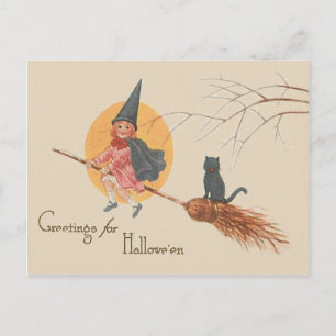 Girl Flying Witch Black Cat Full Moon Postcard