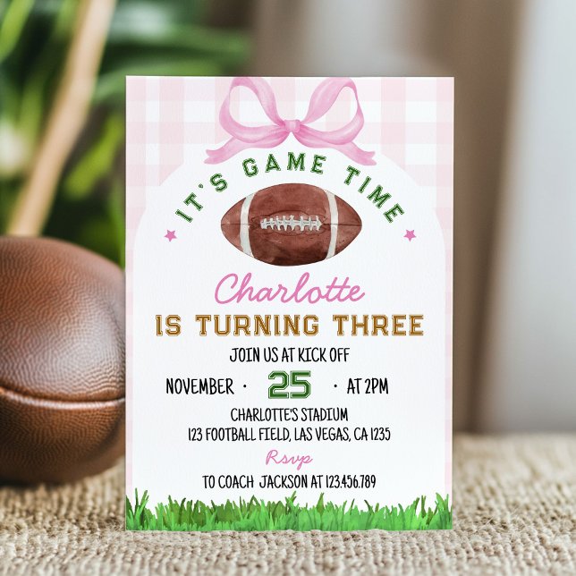 Girl Football Birthday Pink Bow Invitation Any Age (Creator Uploaded)