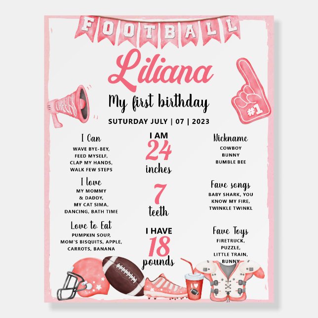 Girl Football First Birthday Milestones Sign (Front)