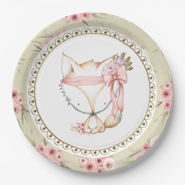 Girl Fox Baby Shower Paper Plates (Front)