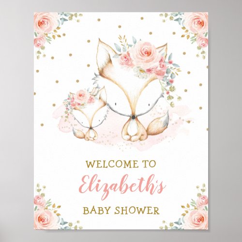Girl Fox Blush Pink Floral Baby Shower Welcome Poster