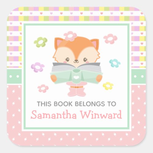 Girl Fox Pink and Green Kids Bookplate