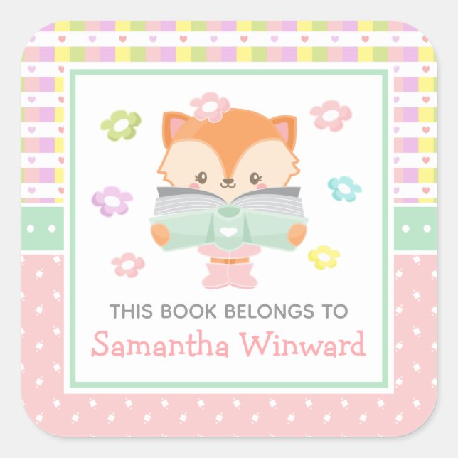 Girl Fox Pink and Green Kids Bookplate (Front)