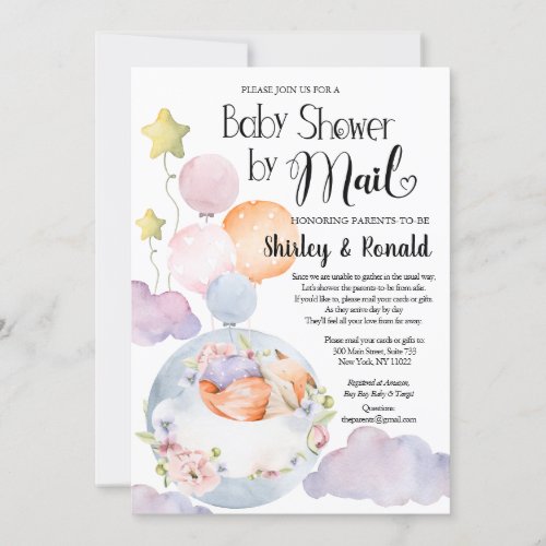 Girl Fox Pink Floral Balloons Baby Shower by Mail Invitation