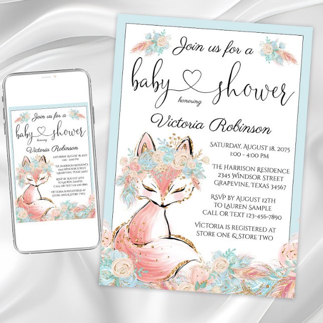 Girl Fox Pink Teal Gold Watercolor Baby Shower Invitation