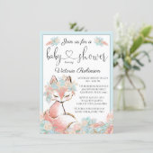 Girl Fox Pink Teal Gold Watercolor Baby Shower Invitation (Standing Front)