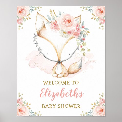 Girl Fox Watercolor Blush Pink Floral Baby Shower Poster