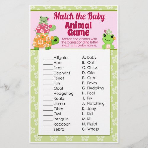 Girl Frog Baby Shower Game Animal Match Sheet