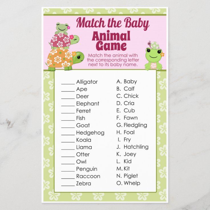 Girl Frog Baby Shower Game Animal Match Sheet | Zazzle