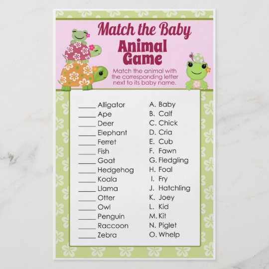 Girl Frog Baby Shower Game Animal Match Sheet 