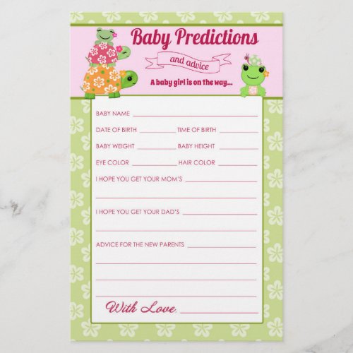 Girl Frog Baby Shower Predictions Activity Sheet