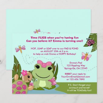 Girl FROG birthday invitation pink pond turtle | Zazzle