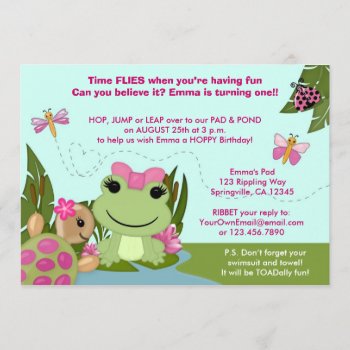 Girl Frog Birthday Invitation Pink Pond Turtle by MonkeyHutDesigns at Zazzle