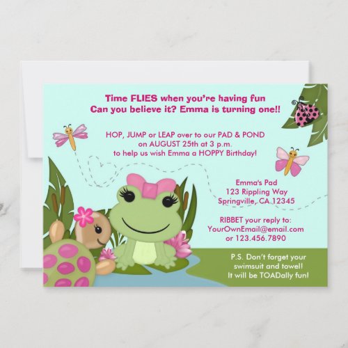 Girl FROG birthday invitation pink pond turtle