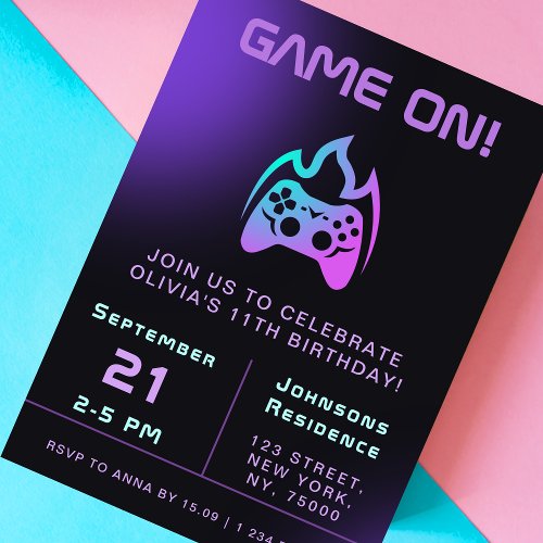 Girl Gamer Birthday Party Neon Video Game Theme Invitation