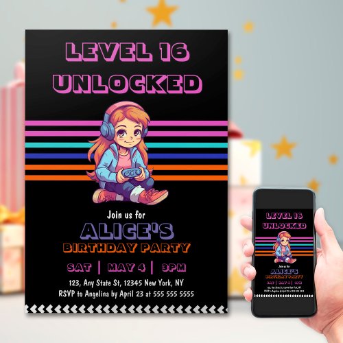 Girl Gaming Video Game Level Up Birthday  Invitation