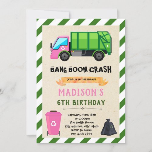 Girl Garbage Truck birthday invitation