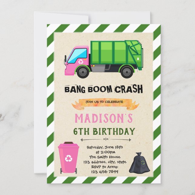 Girl Garbage Truck birthday invitation (Front)