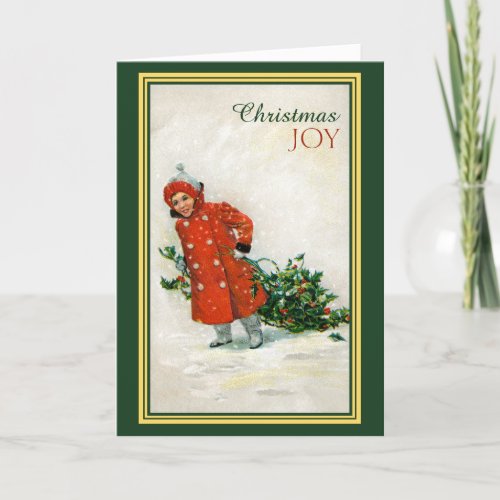 Girl Gathering Holly Vintage Image Christmas Card