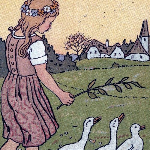 Girl geese heading home Dutch greeting card