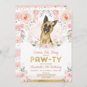Girl German Shepherd Dogs Birthday Pink Gold Party Invitation