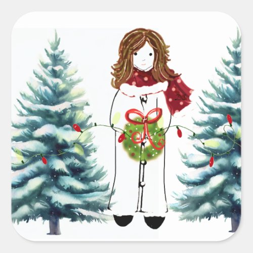  Girl Getting Ready for Christmas Square Sticker