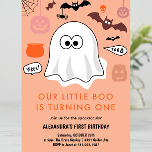 Girl Ghost Orange Halloween 1st birthday Invitation