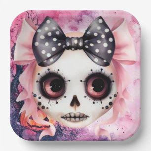 Girl Ghost Skeleton Halloween Pink Themed Paper Plates