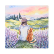 Girl & Ginger Cat Provence Landscape Watercolor