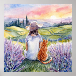 Girl & Ginger Cat Watching Sunrise Watercolor Art Poster