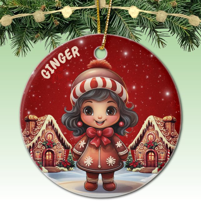 Girl Gingerbread Village House Christmas Decor Ceramic Ornament (Personalizable Girl Gingerbread & Houses Christmas Decor Customizable Ornament  Xmas Decoration 🎄)