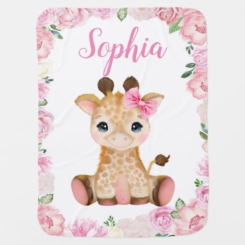 Girl Giraffe Baby Blankets Pink Floral Name