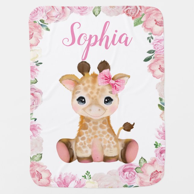 Girl Giraffe Baby Blankets Pink Floral Name (Front)