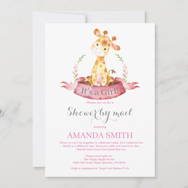 Girl Giraffe Baby Shower by Mail Invitation (Front)