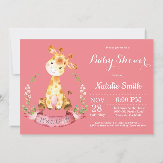 Girl Giraffe Baby Shower Invitation (Front)
