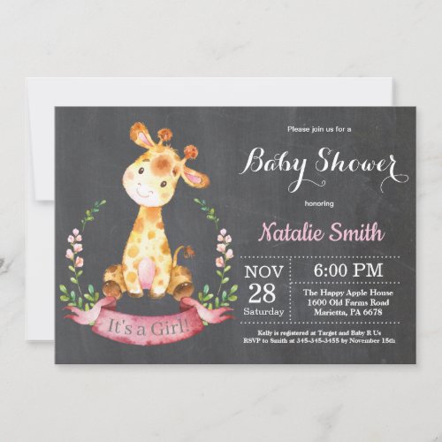 Girl Giraffe Baby Shower Invitation Chalkboard