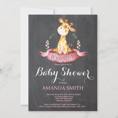 Girl Giraffe Baby Shower Invitation Chalkboard